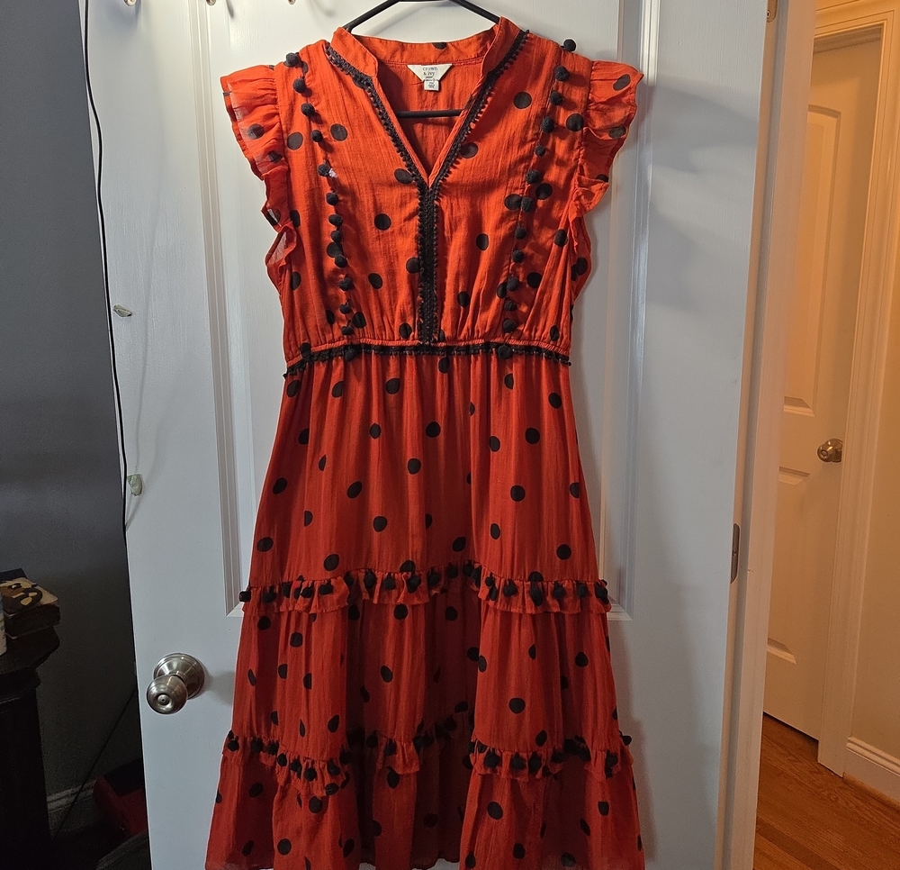 crown & ivy Orange Midi Dress with Black Polka Dots